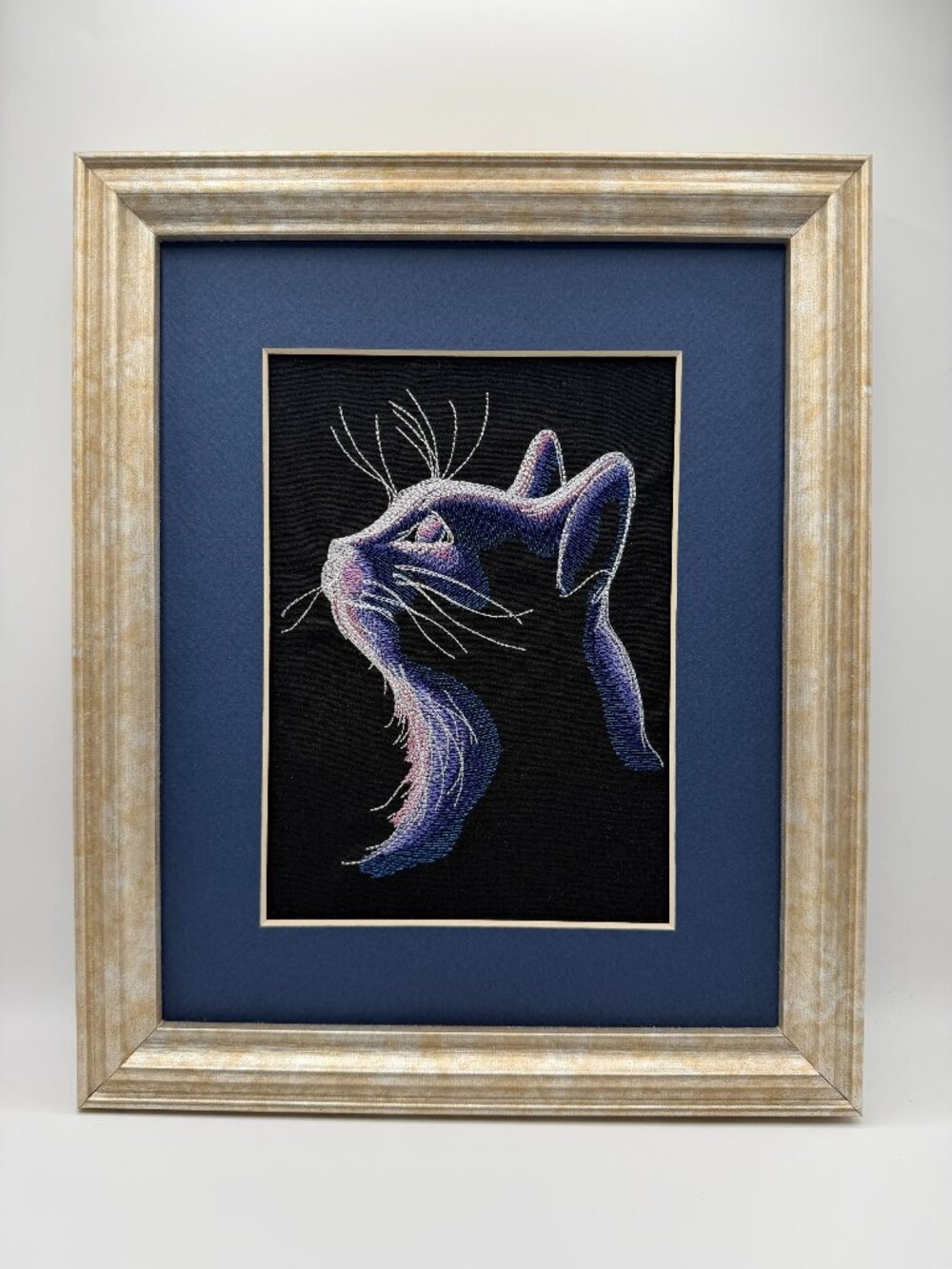 Homemade Midnight Cat Embroidered Framed Art 8X10